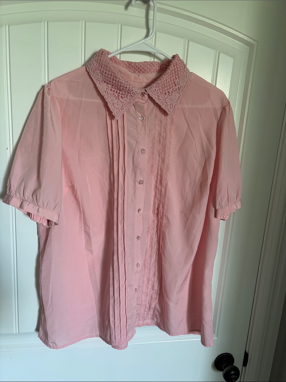 Roaman's Pink Lace-Collar Short Sleeve Blouse